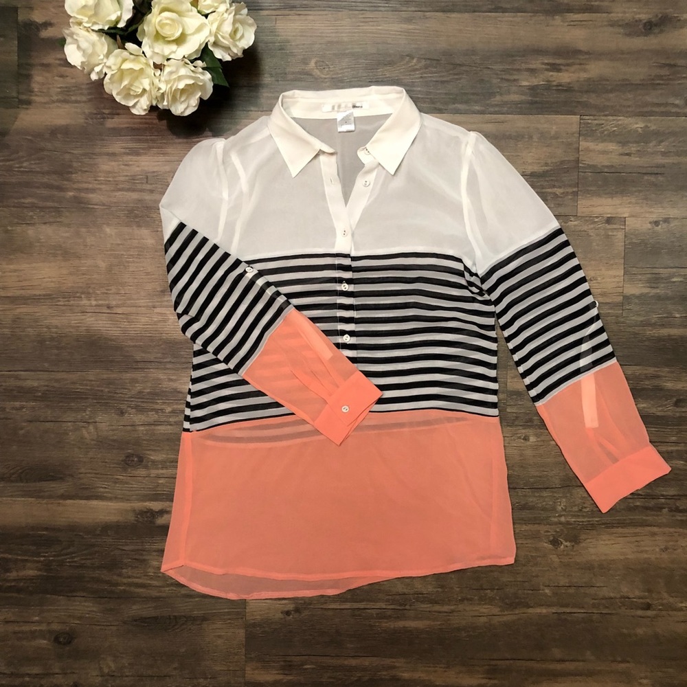 Coral Striped Button Down Blouse